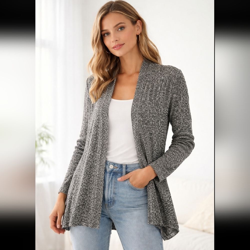 Eileen Fisher Open Front Cardigan Large Linen Wool Marled Knit Boho Minimalist